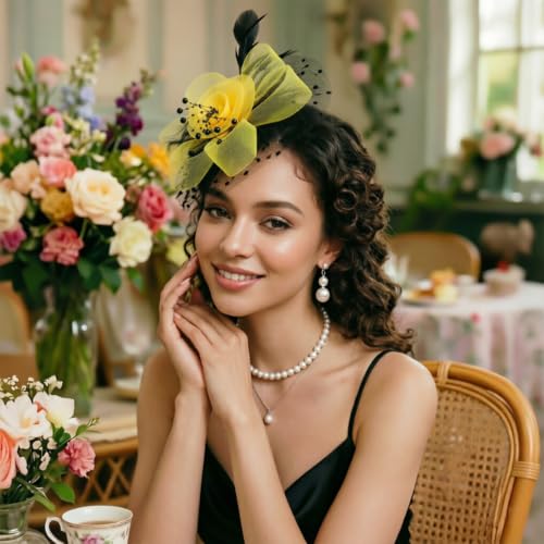 Image of DRESHOW Fascinators Hat Flower Mesh Ribbons Feathers on a Headband and a Clip Tea Party Headwear for Girls and Women