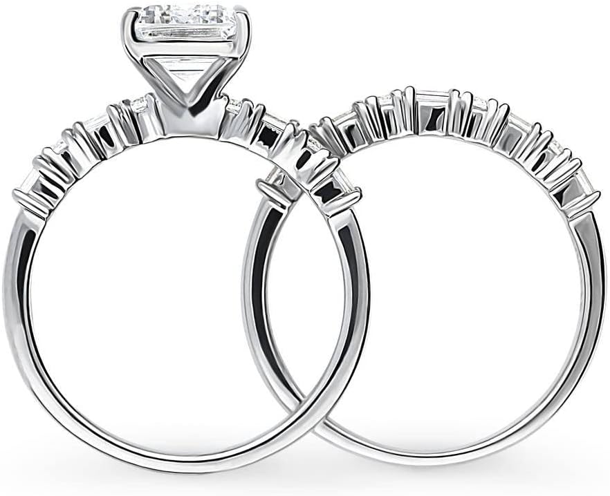 BERRICLE Sterling Silver Solitaire Art Deco Engagement Rings Stackable Band for Women, 2.1 Carat Emerald Cut Cubic Zirconia CZ Ring Set