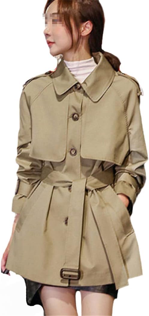 YTR6TW Women Turn-Down Collar Mid-Length Trench Coat Single Breasting Frenulum Waist Retraction Short Stature Jacket