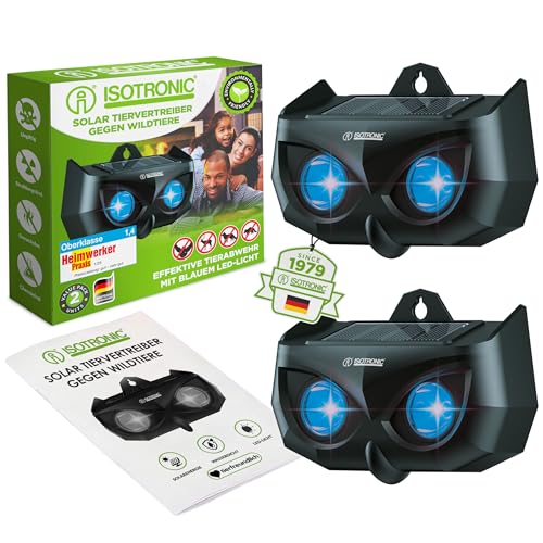 ISOTRONIC Solar Tiervertreiber zur Abwehr von Waschbären, Rehen, Füchsen & Wildschweinen – Wildtier Vertreiber mit blauem LED-Licht – effektive Tierabwehr mit 40m² Wirkungsbereich (2 Stück)