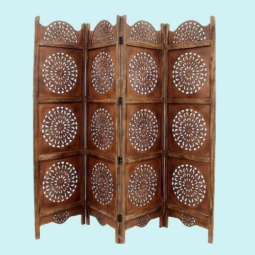 Image of Classic Wood and Craft Wooden Room Divider Partition for Living Room, Privacy Partition, Partition Wall, Divider for Makeup Studio /Office (4 Panels - Round Plate Intricated)