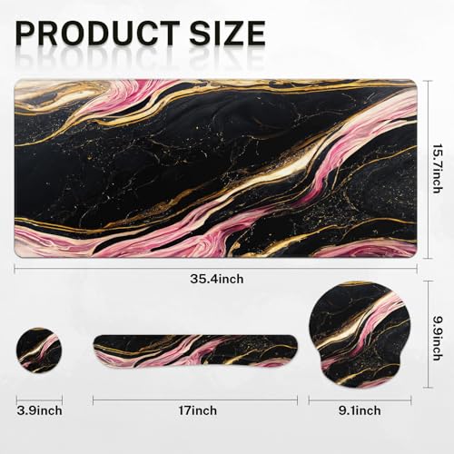 Britimes Pink Black Gold Marble Keyboard Mouse Pad Set 4in1 Large Mousepad+Keyboard Wrist Rest+Mouse Wrist Rest+Coaster Ergonomic Design for Home Office Computer 35.4x15.7 inches by Britimes - Image 2