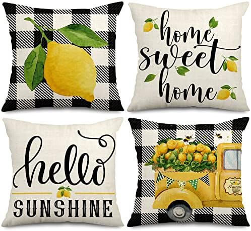 AnyDesign Lemon Pillow Covers 18 x 18 in Summer Farmhouse Throw Pillow Case Watercolor Cushion Case Buffalo Plaids Truck Hello Sunshine Decorative Pillow Case Lemon Cover for Home Sofa Couch, 4 Pack