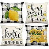 AnyDesign Lemon Pillow Covers 18 x 18 in Summer Farmhouse Throw Pillow Case Watercolor Cushion Case Buffalo Plaids Truck Hello Sunshine Pillows Case for Home Sofa Couch, 4 Pack