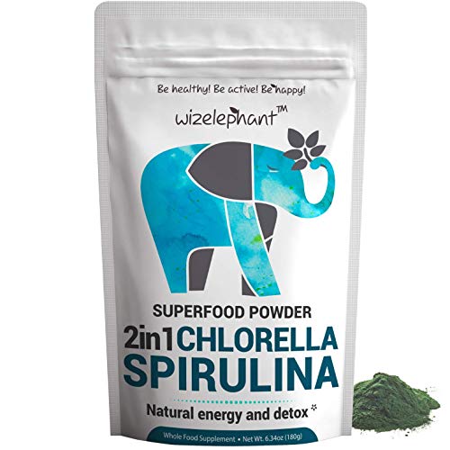 2 in 1 Chlorella and Spirulina Powder. Non-GMO. Chlorophyll - Vegan Protein - Iron. Broken Cell Wall. 100% Pure. for Natural Energy & Powerful Detox (6.34oz). Cleanse & Detox Super Greens.
