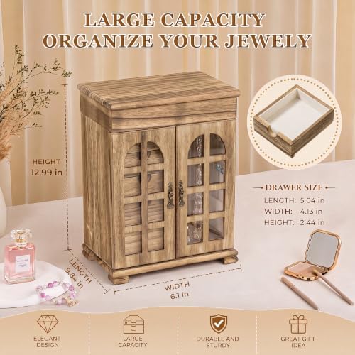 Honiway Jewelry Boxes for Women, 5 Layer Wooden Jewelry Box with Drawer & Mirror, Rustic Jewelry Organizer for Necklace Bracelet Ring Earring, Farmhouse Decor for Bedroom Dresser (Rustic Brown) - 2