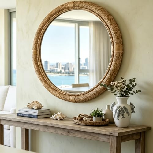 32 Inch Round Woven Rattan Mirror, Decorative Wall Mirror for Bedroom