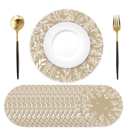 Lot de 50 sets de table ronds jetables en papier beige avec feuilles d'eucalyptus de 33 cm pour table de dîner, Thanksgiving, anniversaire, mariage, fête...