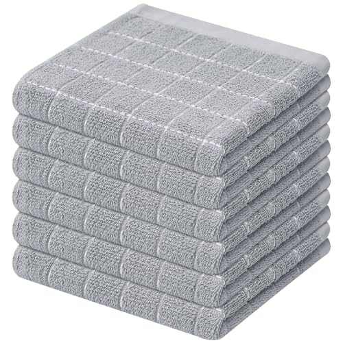 Mordimy Cotton Terry Checkered Dish Cloths, 12"x 12", 6 Pack, Light Grey