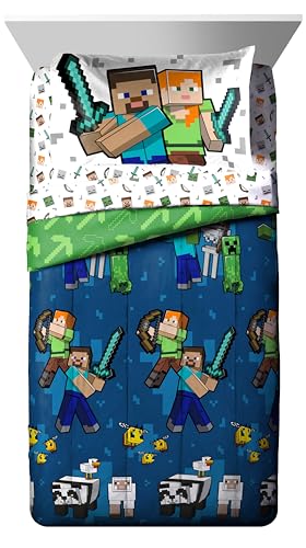 Image of Jay Franco Minecraft Full Comforter Set - 7 Piece Bedding Includes Sheet Set & Pillow Covers - Super Soft Kids Bedding Creeper & Zombie