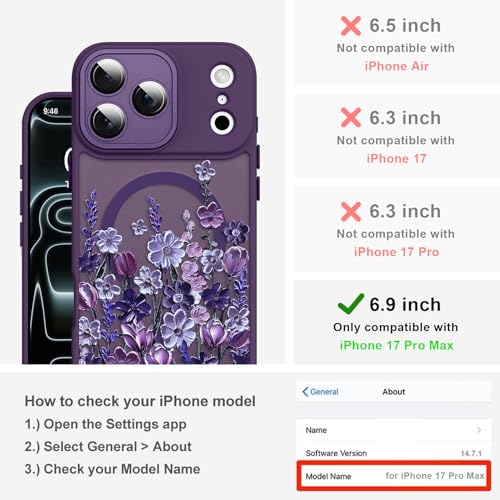 Image of Magnetic for iPhone 17 Pro Max Case [Compatible with MagSafe] Pretty Oil Painting Floral Flower Pattern Design, Shockproof Slim Translucent Matte Cover for Women Girls, Dark Purple