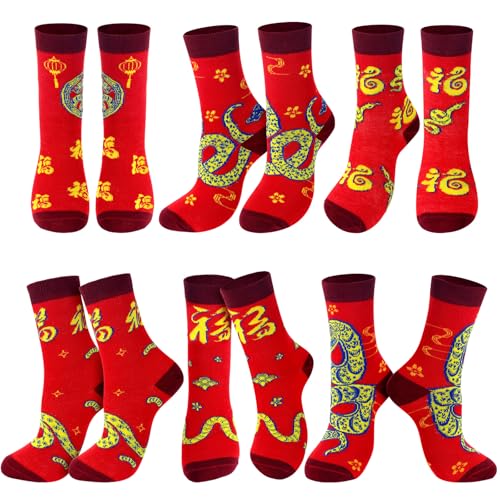 Geyoga 12 Pairs Chinese New Year of the Snake 2025 Chinese Zodiac Socks Red Fortune Snake Cotton Sock Set Chinese New Year Gifts for Men and Women