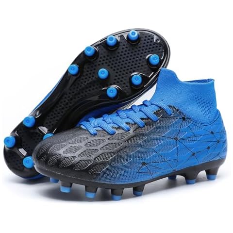 Hanani Boys Girls Soccer Cleats for Kids Football Shoes High Top Training Youth Football Cleats Outdoor/Indoor Athletic Turf Shoes Black Blue Cover