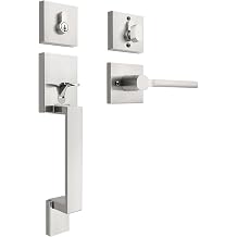 Front Door Handle and Deadbolt Set, Brushed Nickel Front Door Lock Set with Reversible Handle Lever, Modern Single Cylinder Front Door Handles and Locks