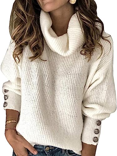Wenrine Pull à col roulé pour femme - Oversized - Hiver - Manches longues - Tricoté - Casual - Chaud - Décontracté - Tricoté avec boutons métalliques, Blanc., M
