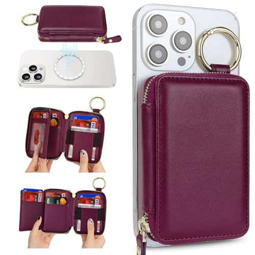 Image of Compatible with MagSafe Wallet,Magnetic Phone Wallet Card Holder for iPhone 17 /16 Pro Max /15 plus /14 Pro /13 /12 Series,PU Leather Zipper Pocket Adjustable Stand-Rose red