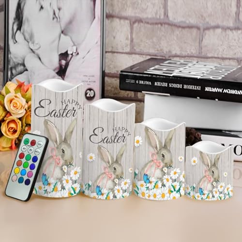 Image of Easter Bunny Daisy Plastic Flameless Candles with Remote Control and Timer LED Flickering Battery Electric Pillar Candles for Table Easter Decoration
