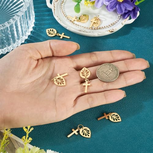 Image of 10Pcs 18K Gold Plated Cross Charms Brass Golden Crucifix with Leaf Pendants Permant Metal Jewelry Charms with Jump Ring for DIY Bracelet Necklace Earring Jewelry Making