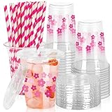 JarThenaAMCS 50Pcs Retro Boho Flower Plastic Cups with Lids and Straws Pink Floral Clear Plastic Cups 12oz Disposable Cups for Birthday Wedding Party Supplies