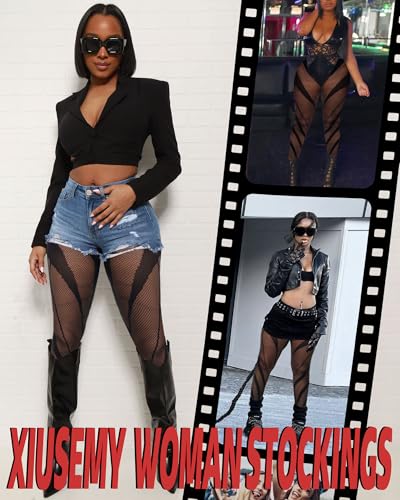 XIUSEMY Woman High Waist Patterned Tights Fishnet Stockings Curve Strips Pantyhose for Women4