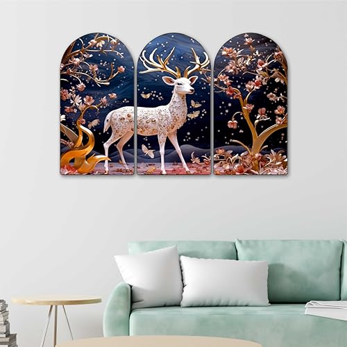 Image of Livin'luxe White Deer Fantasy Arch Shape Wall Painting Set of 3 | Floral Golden Design | MDF Textured Panel Artwork for Living Room, Bedroom, Hall & Home Decoration (20 x 30 Inch) RPNS-35383