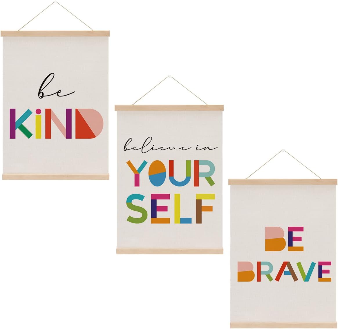 3Pcs Watercolor Words Inspirational Quote Wall Art Decor, Modern Minimalist Typography Canvas Wood Hanger Art Print Decorations, Motivational Quote Wall Art Poster for Room Home Toddler Room Decor