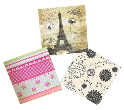 ペーパーナプキン 3種類 各5枚入 15枚入 紙ナプキン デコパージュ素材 アソート ハンドメイド エッフェル塔 パスポートスタンプ 地図柄 アンティーク調 フラワー 花柄 薔薇 ローズ チェック チェリー ダリア シンプル