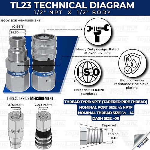 Image of 1 /2 inch Body with 1 /2 inch NPT Thread | Flat Face Hydraulic Quick Connect Coupler | Skid Steer Bobcat Attachment | ISO 16028 Heavy-Duty Coupling Sets with Dust Caps | Model TL23