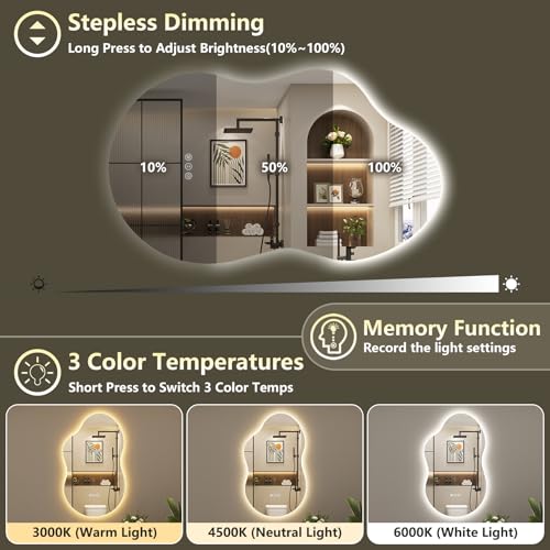 Image of 60x32 Inch Asymmetrical LED Bathroom Mirror with Lights, Backlit, Anti-Fog, Irregular Cloud Lighted Bathroom Vanity Mirror for Wall, Dimmable, 3 Colors, Memory, HD Tempered Glass