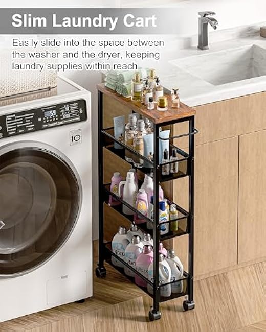 VECELO 4 Tier Slim Rolling Cart Organizer, Rolling Carts On Wheels with Storage, Sturdy Metal Frame Narrow Cart with Handle, Space Saving for Kitchen, Bathroom, Laundry, Rustic Brown-ehI8PDar