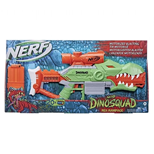 Zautomatyzowana wyrzutnia strzałek Nerf DinoSquad Rex-Rampage, 10-strzałkowy magazynek, 20 strzałek Nerf, miejsce na 10 strzałek, wygląd dinozaura-tyranozaura
