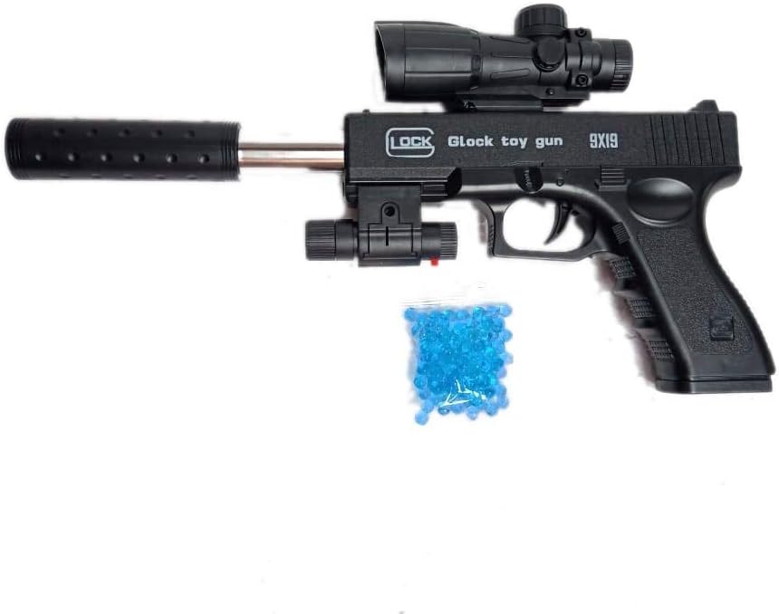Water Bullets Pistol with Silencer, red Laser Light Toy Gun,Black,Plastic,Pack of 1 set