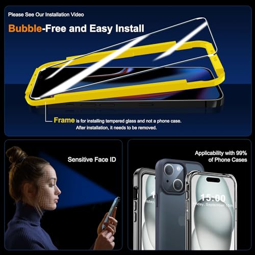 Image of QHOHQ 3 Pack Screen Protector for iPhone 15 [6.1 Inch] with 3 Pack Camera Lens Protector, Tempered Glass Film, HD Clear, 9H Hardness, No Bubbles, Case Friendly
