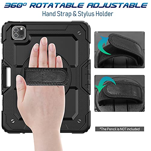 Timecity Case For Ipad Pro 11 Inch 2022/2021/2020/2018, Ipad Pro 11 Inch Case 4Th/3Rd/2Nd/1St Generation Drop-Proof With Screen Protector, Pencil Holder, Rotating Stand, Handle, Shoulder Strap - Black #TOP7