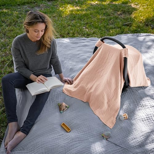 Image of Comfy Cubs Baby Car Seat Cover - Soft, Breathable Bamboo Rayon and Muslin Cotton Blend - Lightweight Canopy for Sun, Bug, and Comfort Protection - Large Size Infant Seat Cover in Blush Design
