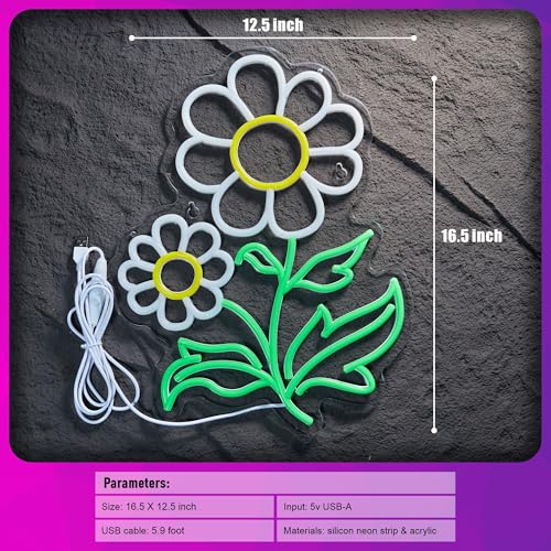 Image of Daisy Flower Neon Sign Flora LED Neon Lights Boho Decor for Bedroom Wall Decor Vintage Light Up Signs Room Party Bedroom Classroom Hanging Decoration Gifts 16.5 x 12.6 inchs