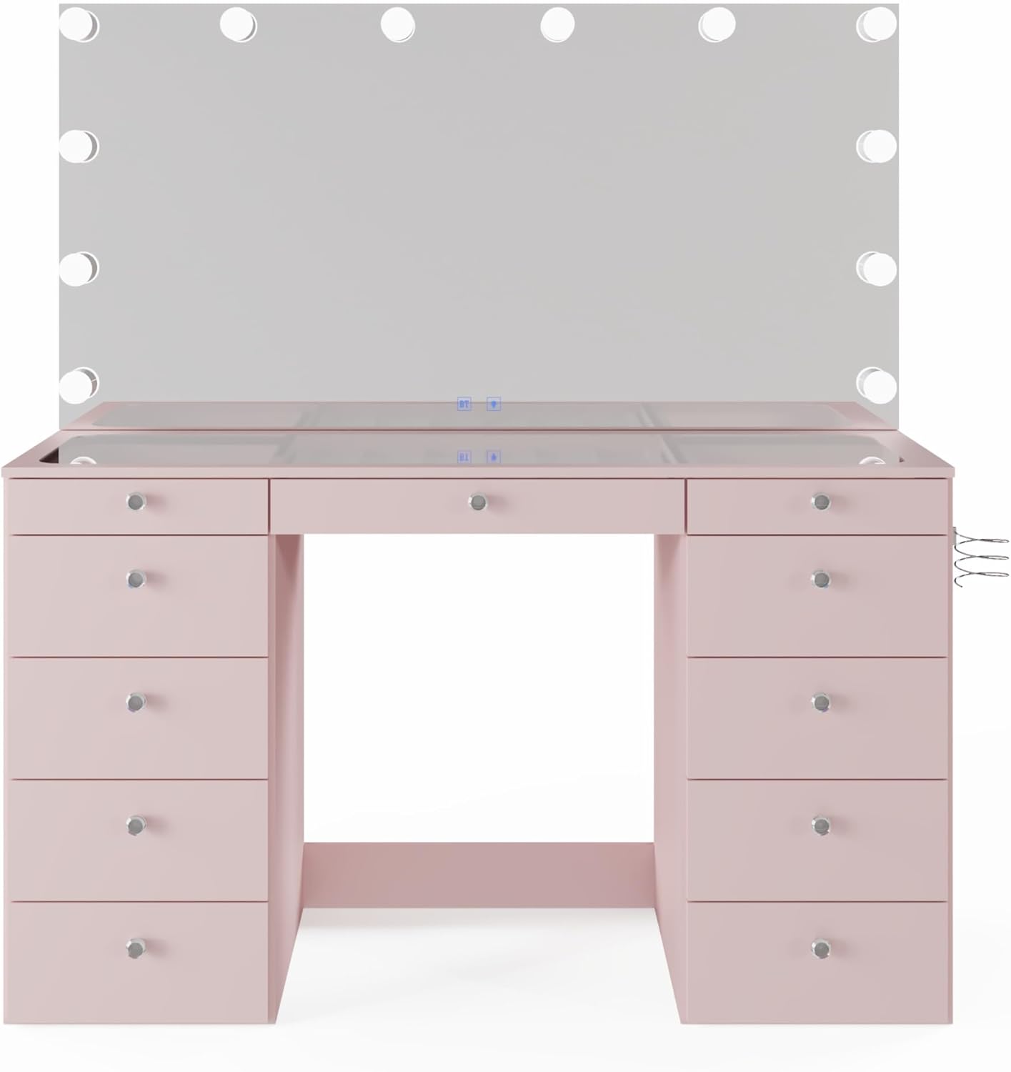 Boahaus Orla Extra-Large Makeup Vanity Desk with Hollywood Lights, 11 Drawers, Hair Dryer Hanger, USB Type-C & Type-A, Power Outlet for Beauty Tools, Glass Top, Crystal Knobs Premium Pink Finish