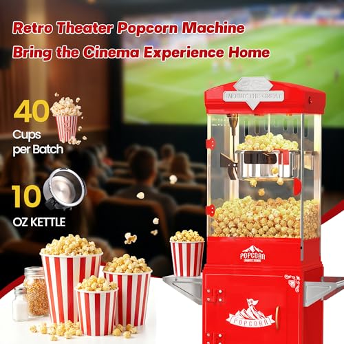 Image of Popcorn Machine, 10 Oz Vintage Popcorn Machine Cart with Wheels, Professional Movie Theater Style Popcorn Popper Makes Up to 40 Cups, Popcorn Maker Machine for Home & Commercial (Crimson Red)