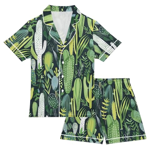 ALAZA Green Cactus Leaf Colored Pajamas Satin Pajama Set Short Sleeve Button Down Sleepwear