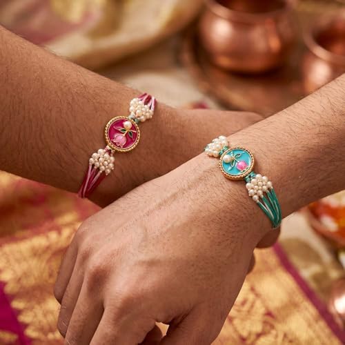 Image of ascension Set of 5 Floral Designer Rakhi Set for Brother, Bhai Combo for Bhaiya & Sister Bracelet with Roli Tilak & You are My Hero Fridge Magnet for Raksha Bandhan Gift