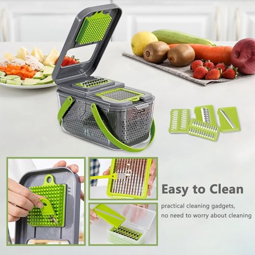 Image of Vegetable Chopper with Container and Interchangeable Blades, Manual Vegetable Cutter with Slicer, Julienne, Grater Attachments and Hand Guard (22 in 1 Chopper)