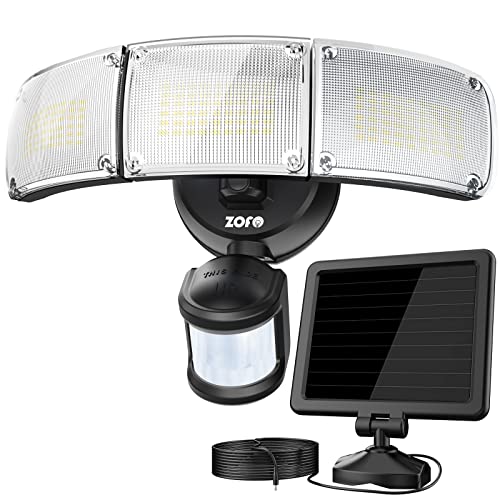 ZOFO 2300LM Lampe Solaire Exterieur Detecteur de Mouvement, Projecteur LED Extérieure Capteur de Mouvement, Spot Extérieur Lumière Solaire Puissant Eclairage de Sécurité, 3 Têtes IP65 5000K, Câble 5m