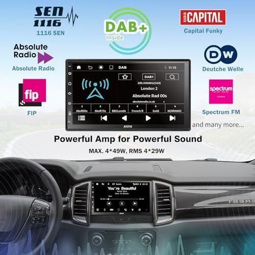 ATOTO F7XE Wbudowany DAB/DAB+ Sprzęt wideo do montażu w desce rozdzielczejbezprzewodowy CarPlay i bezprzewodowy Android Auto, 7-calowy ekran dotykowy QLED, Mirror Link, Bluetooth, HD LRV, F7G2B7XED