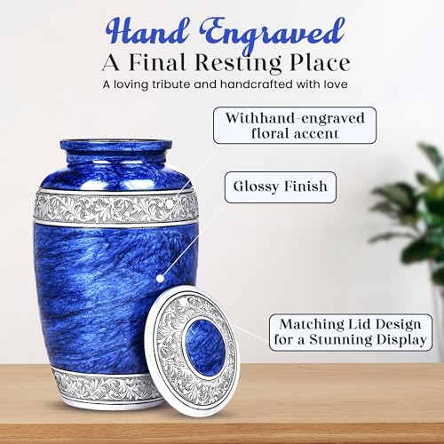 Image of Hand-Engraved Blue Urn for Ashes Adult Male & Female with Velvet Bag & Medallion | Blue Marble Finish Metal Cremation Urns for Human Ashes Adult Man | Elegant Burial & Funeral Urn, Large, 220lbs