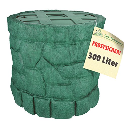 Regentonne Märchenbrunnen 330 l, Regenfass FROSTSICHER wie gemauert mit stabilem Deckel und Wasserhahn, schöner und Fast unverwüstlicher Regenspeicher (grün)