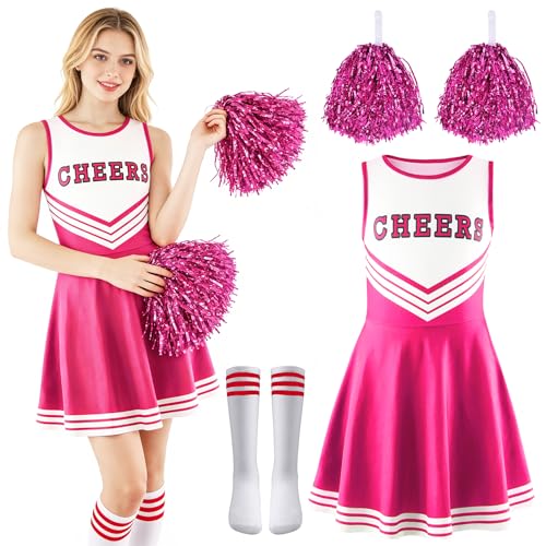 Taechalingo Cheerleader Kostüm Damen,Cheerleadering Outfit,Kostüm Cheerleader,Kostüme für Erwachsene,Cheer Outfit Fasching Party Kostüm Kleid mit Pompoms Stick,Karneval,Mottoparty