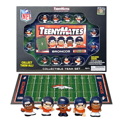 Party Animal TeenyMates NFL Action Figures Gift Set, with 11 Player Figures, Coach & Collectible Field Puzzle, NFL Football Toys for Kids & Fans, Denver Broncos
