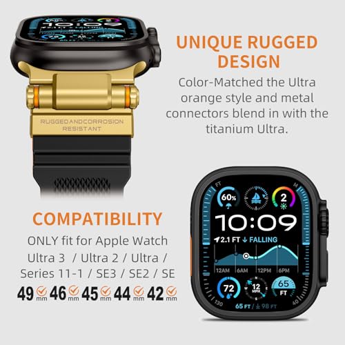 Image of FOAMUNOC Rugged Band Compatible with Apple Watch Ultra 3 /2 /1 Band 49mm /46mm /45mm /44mm /42mm, Metal Connector with Silicone Strap for iWatch Ultra Series 11 /10 /9 /8 /7 /6 /SE3 /SE2 /SE /5 /4 /3 /2 /1, Gold Black