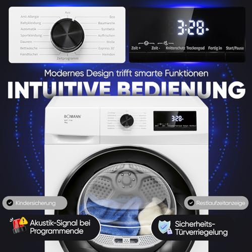 Bomann® Wärmepumpentrockner 8kg | kein Wasseranschluss nötig | Trockner m. Antiknitterfunktion | Wäschetrockner 15 Programme | Kondenstrockner | umweltfreundliches Kühlmittel R290 | WPT 7154 weiß – Bild 5