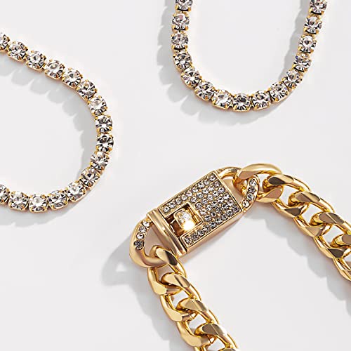 Ronglry 5Pcs Gold Ankle Bracelets For Women Girls Cuban Link Ankle Bracelet Cuban Chain Anklet Butterfly Anklet Set Rhinestone Tennis Anklet Adjustable Layered Link Anklets Summer Beach Gifts-5Pcsgold #TOP3